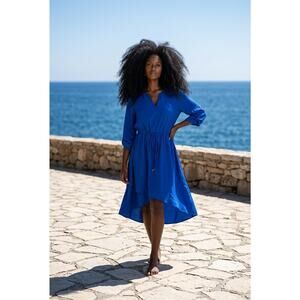 Alfani Royal Blue V Neck Long Sleeve Drawstring Waist midi Dress Size 4